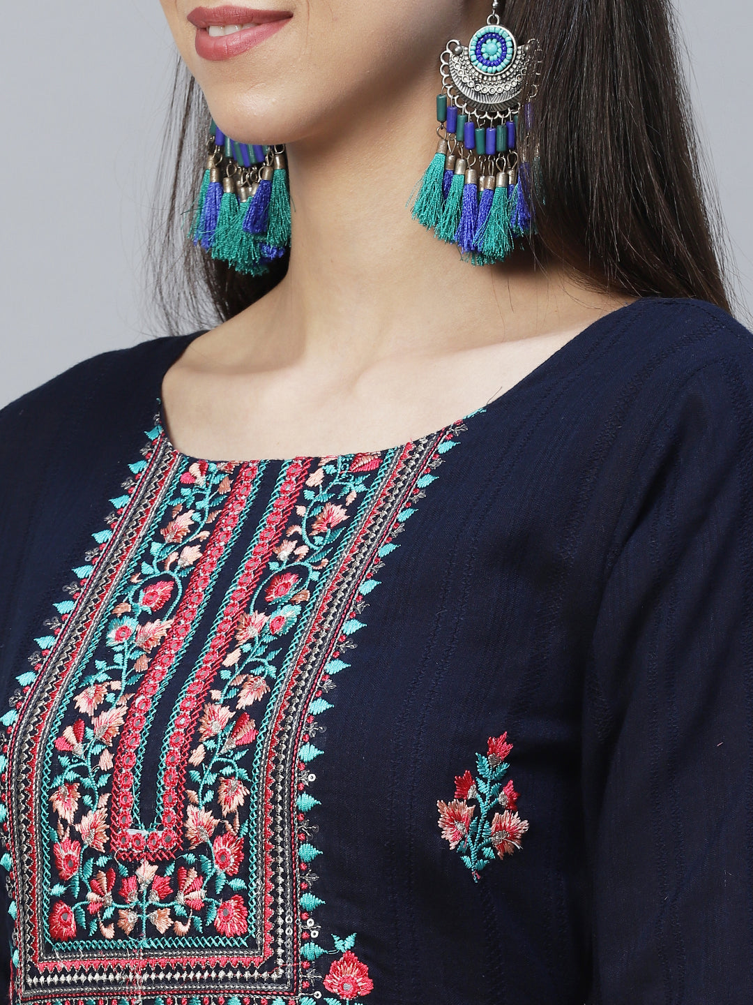 Floral Embroidered Straight Fit Kurta with Pants & Dupatta – Navy Blue