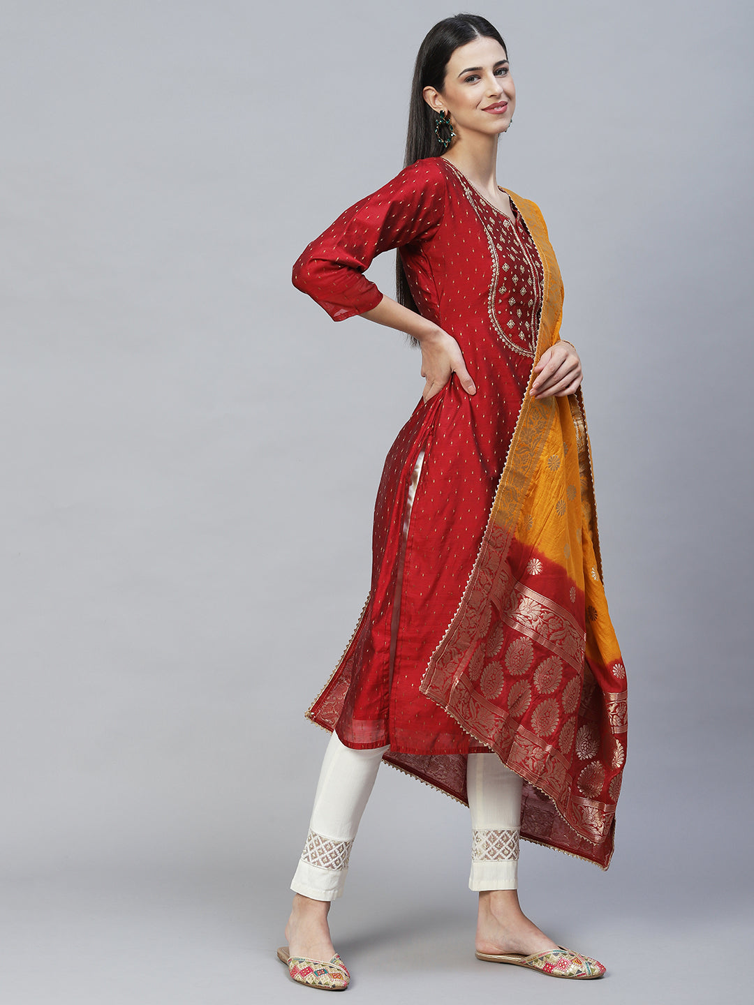 Ethnic Embroidered Straight Fit Kurta with Dupatta - Maroon