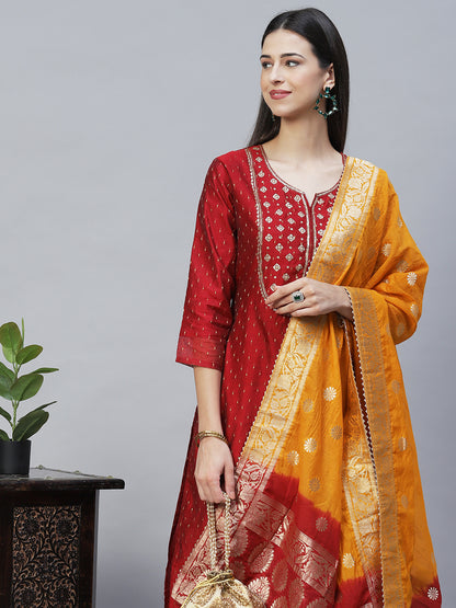 Ethnic Embroidered Straight Fit Kurta with Dupatta - Maroon