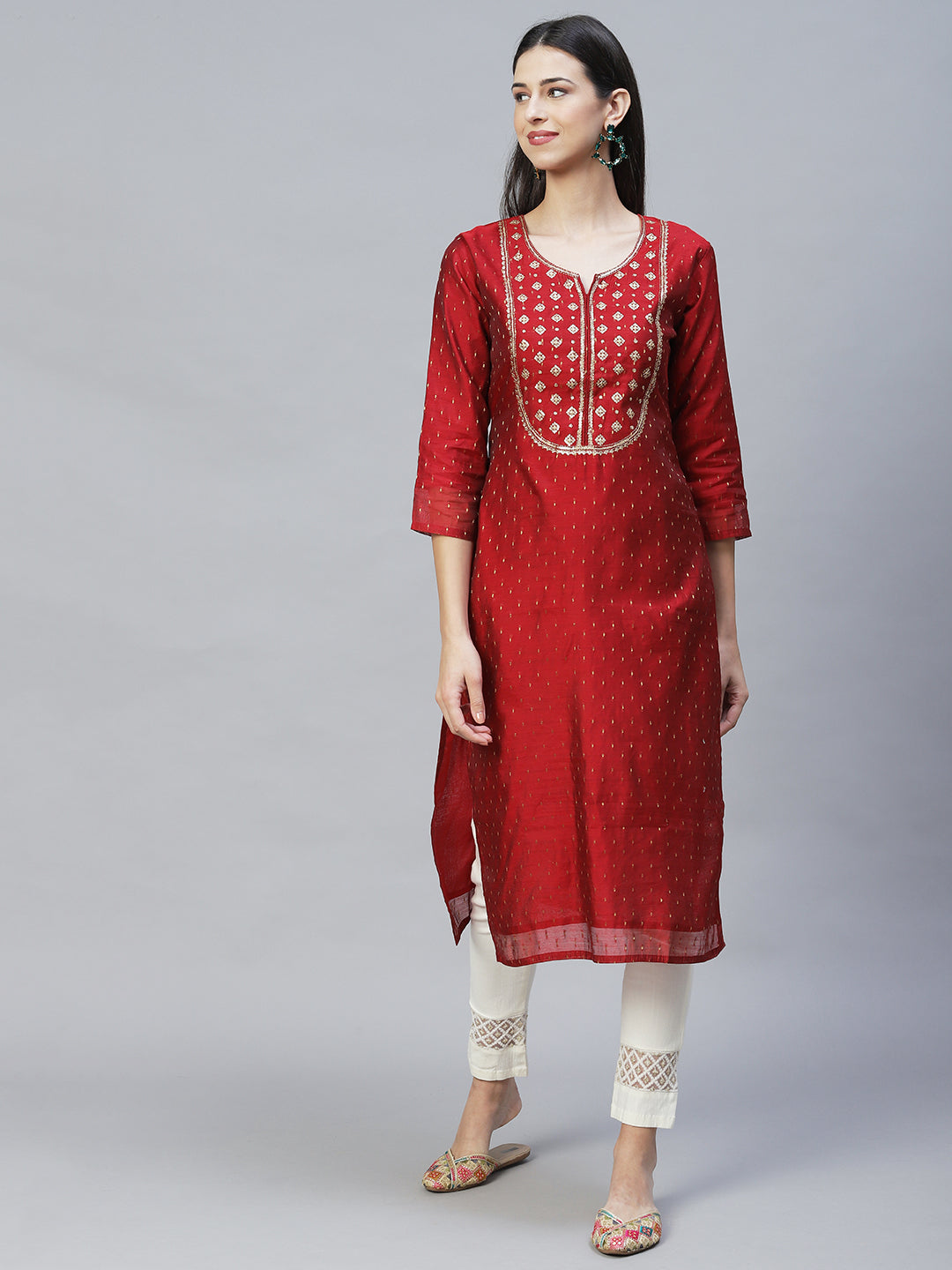 Ethnic Embroidered Straight Fit Kurta with Dupatta - Maroon