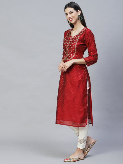 Ethnic Embroidered Straight Fit Kurta with Dupatta - Maroon