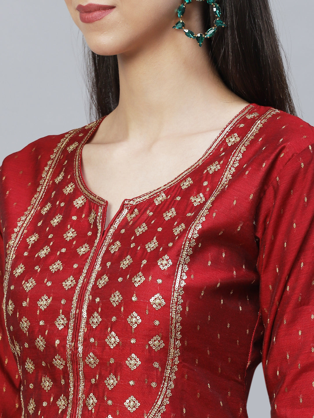 Ethnic Embroidered Straight Fit Kurta with Dupatta - Maroon