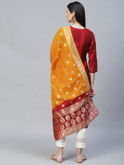 Ethnic Embroidered Straight Fit Kurta with Dupatta - Maroon