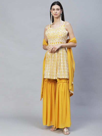 Ethnic Embroidered Anarkali Kurta with Sharara & Dupatta - Yellow