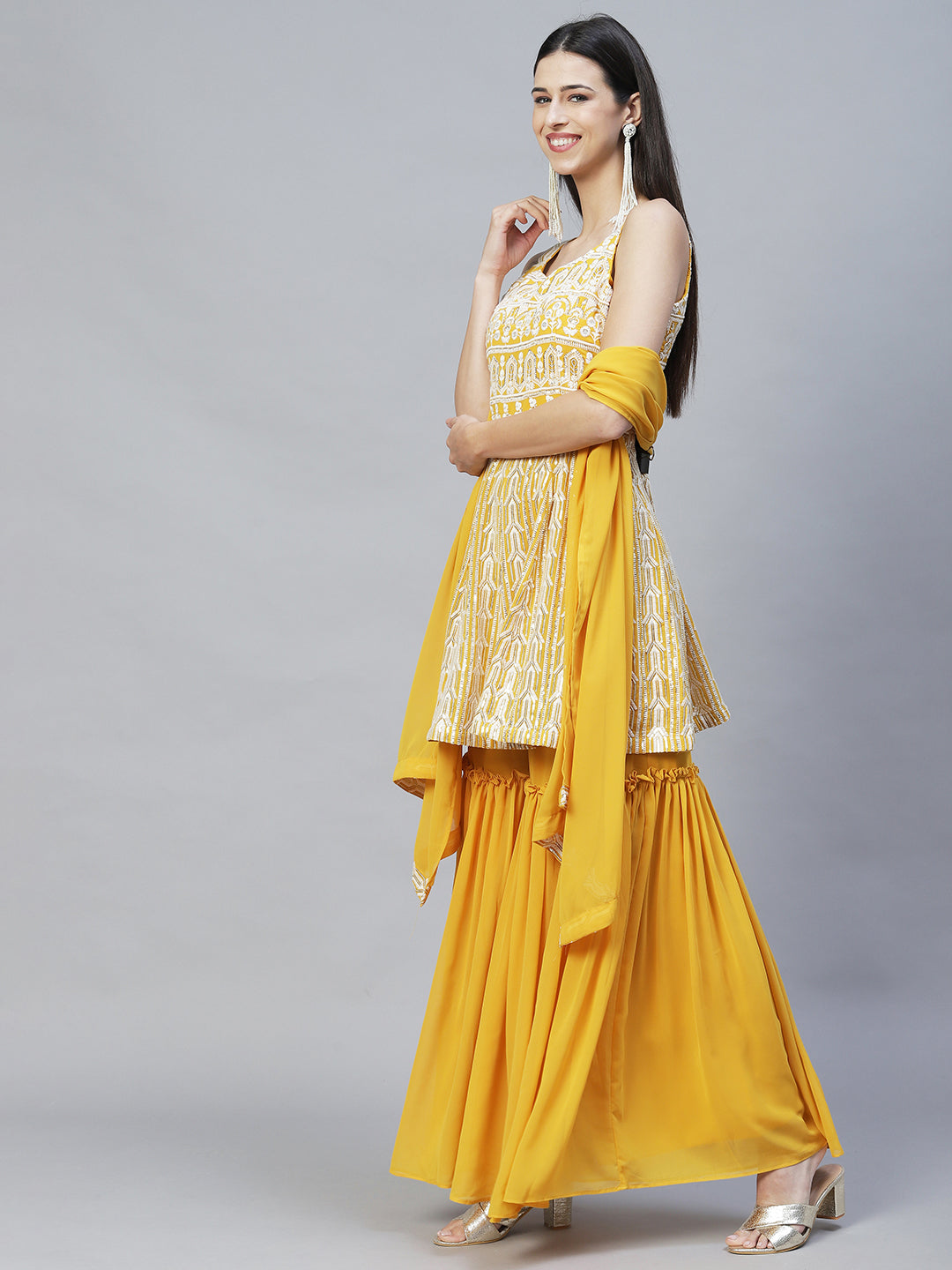 Ethnic Embroidered Anarkali Kurta with Sharara & Dupatta - Yellow