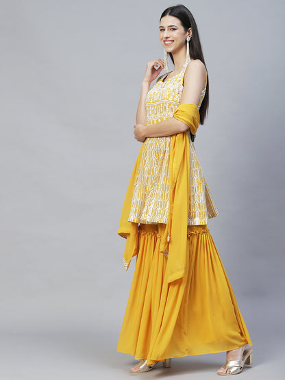 Ethnic Embroidered Anarkali Kurta with Sharara & Dupatta - Yellow