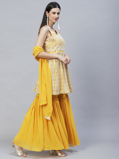 Ethnic Embroidered Anarkali Kurta with Sharara & Dupatta - Yellow