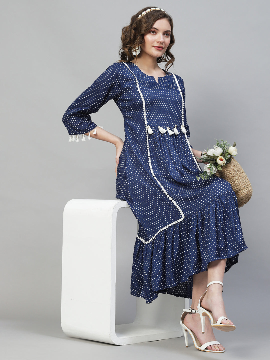 Polka Dot Printed Flared Midi Dress - Dark Blue