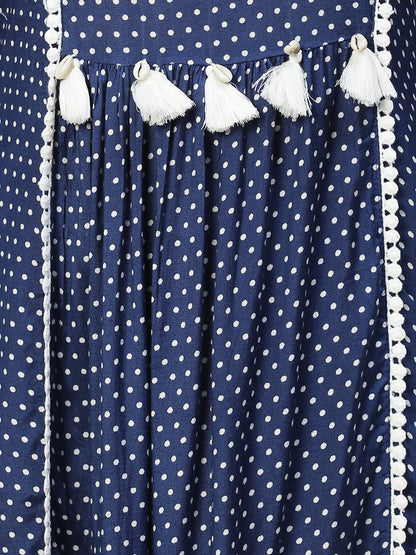 Polka Dot Printed Flared Midi Dress - Dark Blue