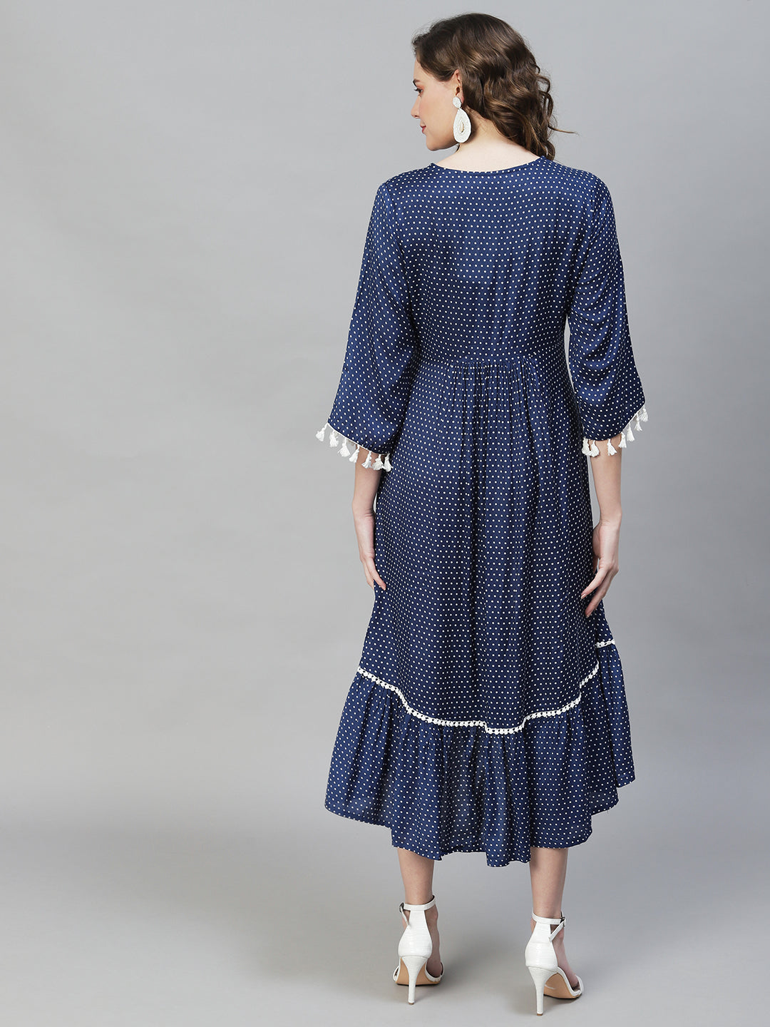 Polka Dot Printed Flared Midi Dress - Dark Blue