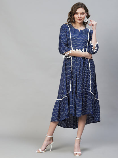 Polka Dot Printed Flared Midi Dress - Dark Blue