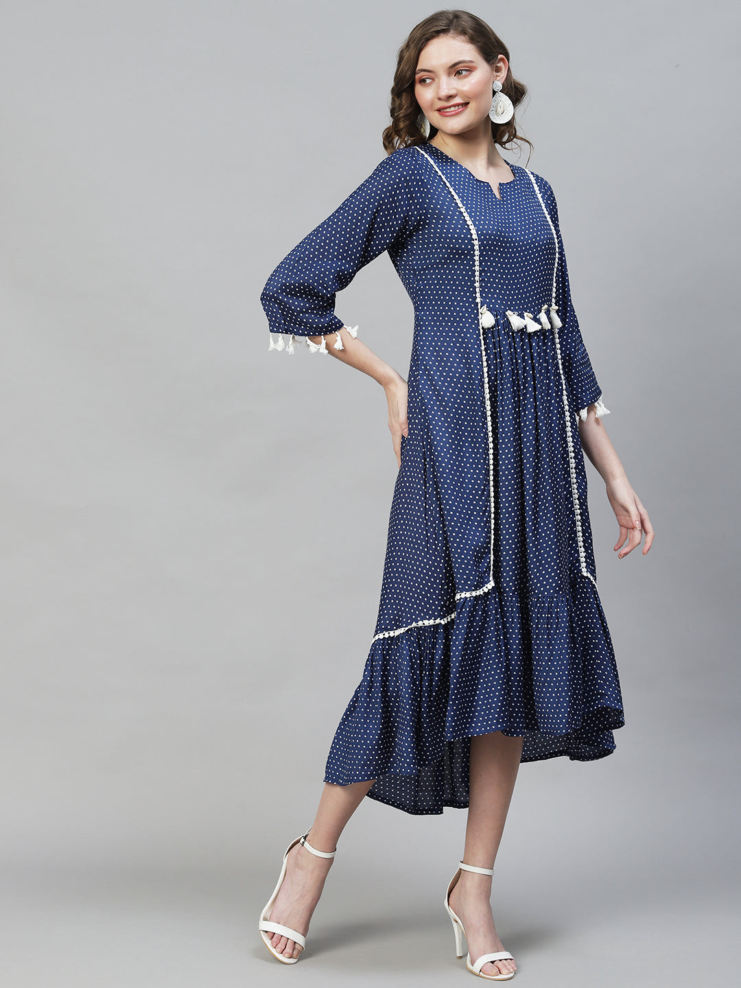 Polka Dot Printed Flared Midi Dress - Dark Blue