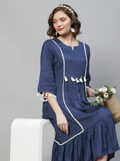 Polka Dot Printed Flared Midi Dress - Dark Blue