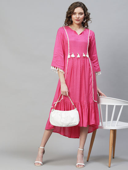 Polka Dot Printed Flared Midi Dress - Hot Pink