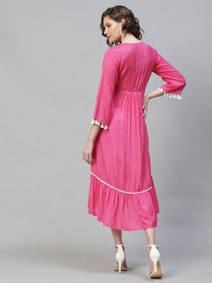 Polka Dot Printed Flared Midi Dress - Hot Pink