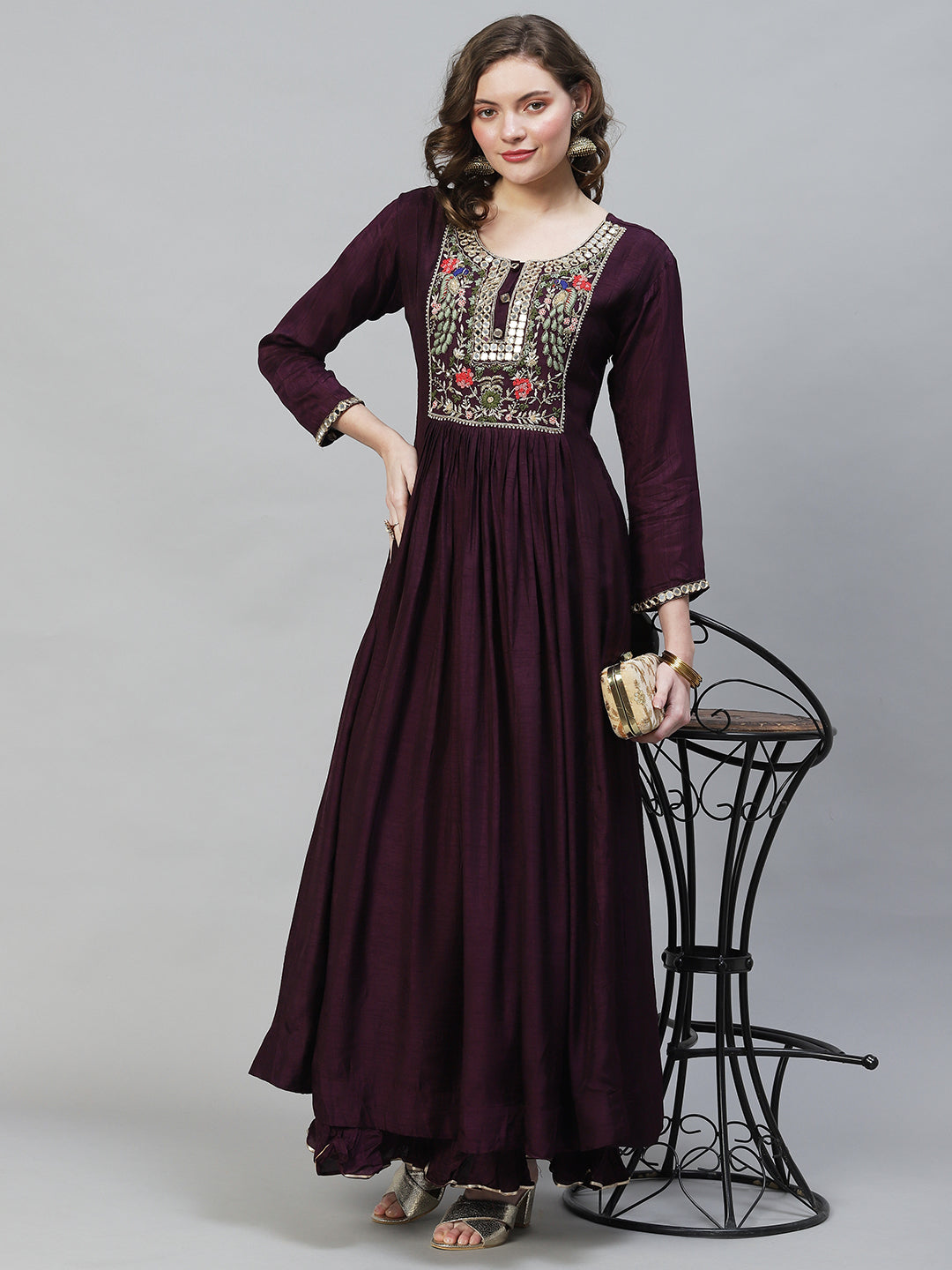 Floral Hand Embroidered Flared Maxi Dress - Deep Wine