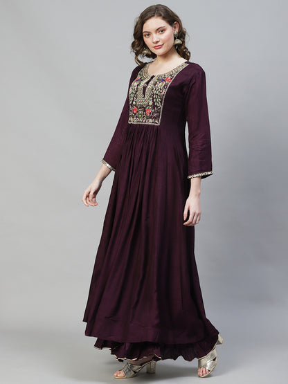 Floral Hand Embroidered Flared Maxi Dress - Deep Wine