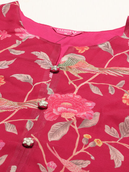 Floral Printed A-Line Kurta with Palazzo - Dark Pink