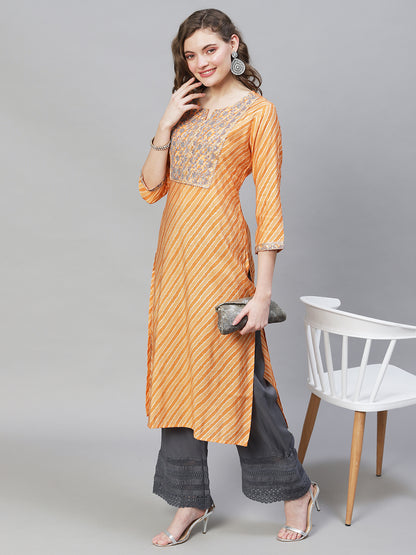 Leheriya Printed & Embroidered Straight Fit Kurta - Light Orange