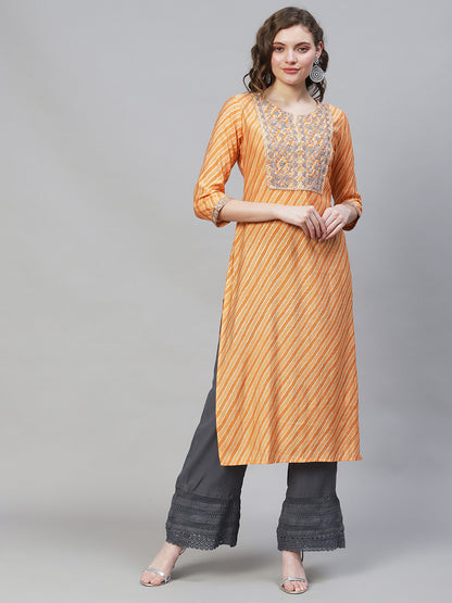 Leheriya Printed & Embroidered Straight Fit Kurta - Light Orange