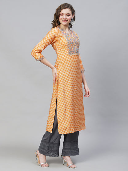 Leheriya Printed & Embroidered Straight Fit Kurta - Light Orange