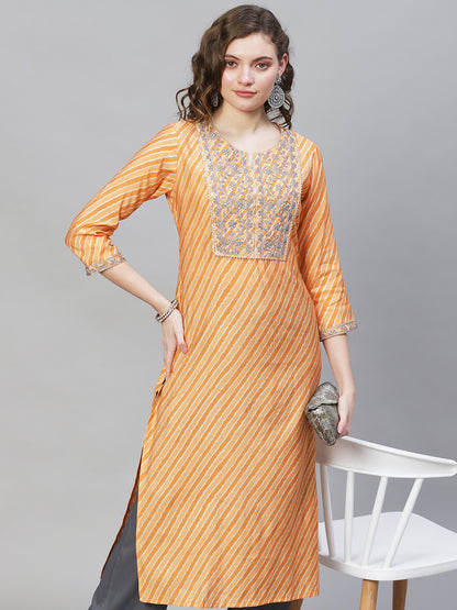 Leheriya Printed & Embroidered Straight Fit Kurta - Light Orange