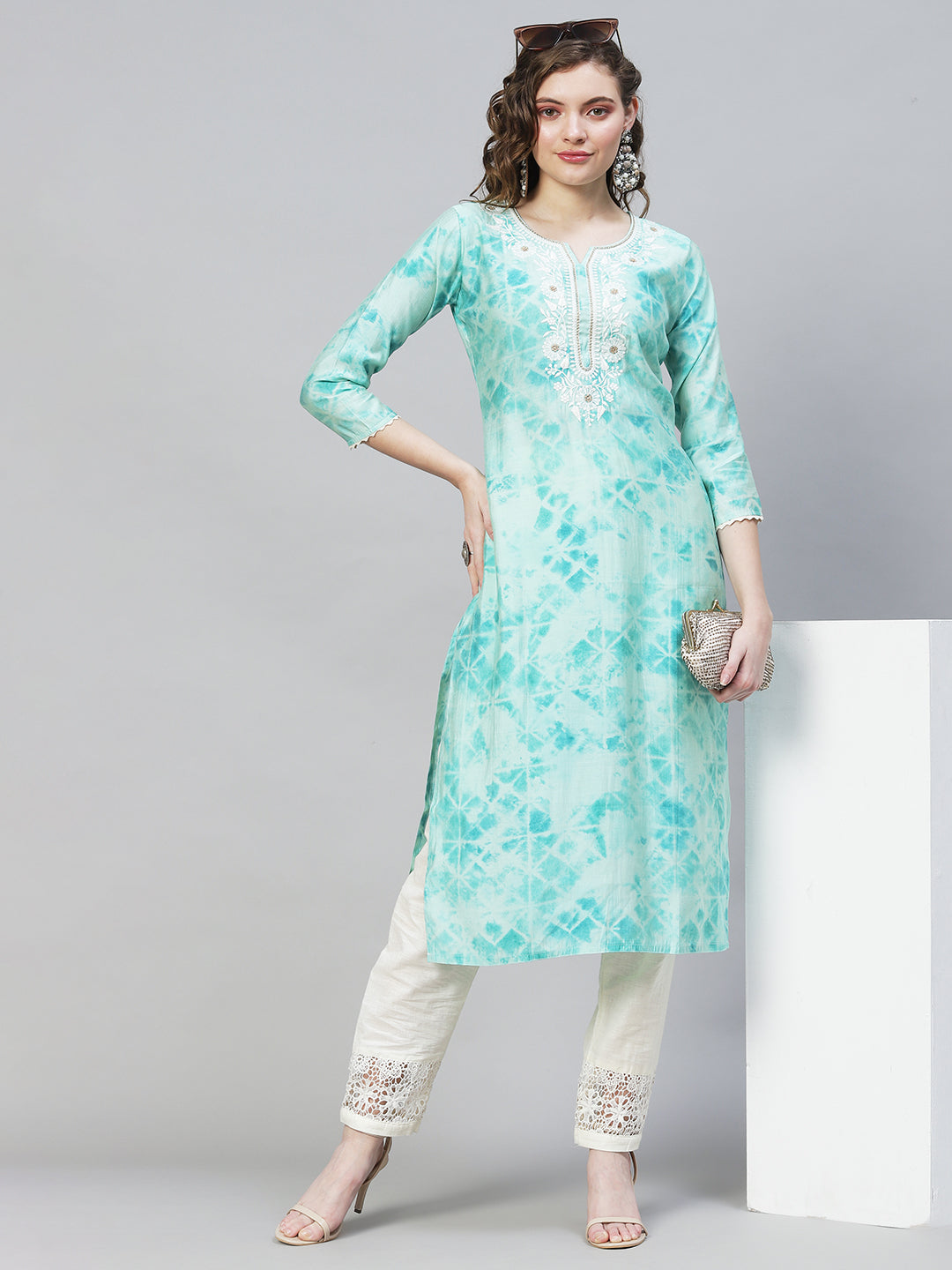 Tie-Dye Printed & Embroidered Straight Fit Kurta - Light Turquoise