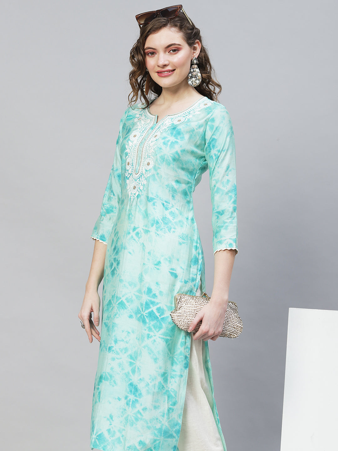 Tie-Dye Printed & Embroidered Straight Fit Kurta - Light Turquoise