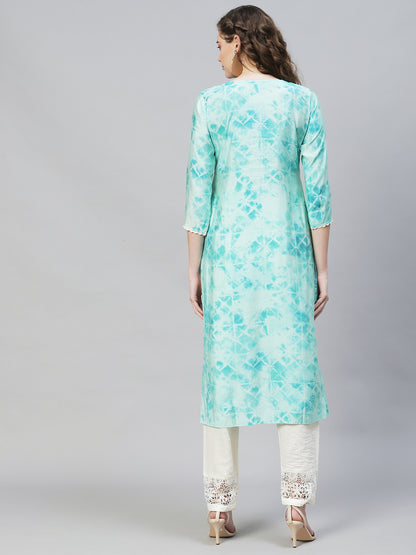 Tie-Dye Printed & Embroidered Straight Fit Kurta - Light Turquoise