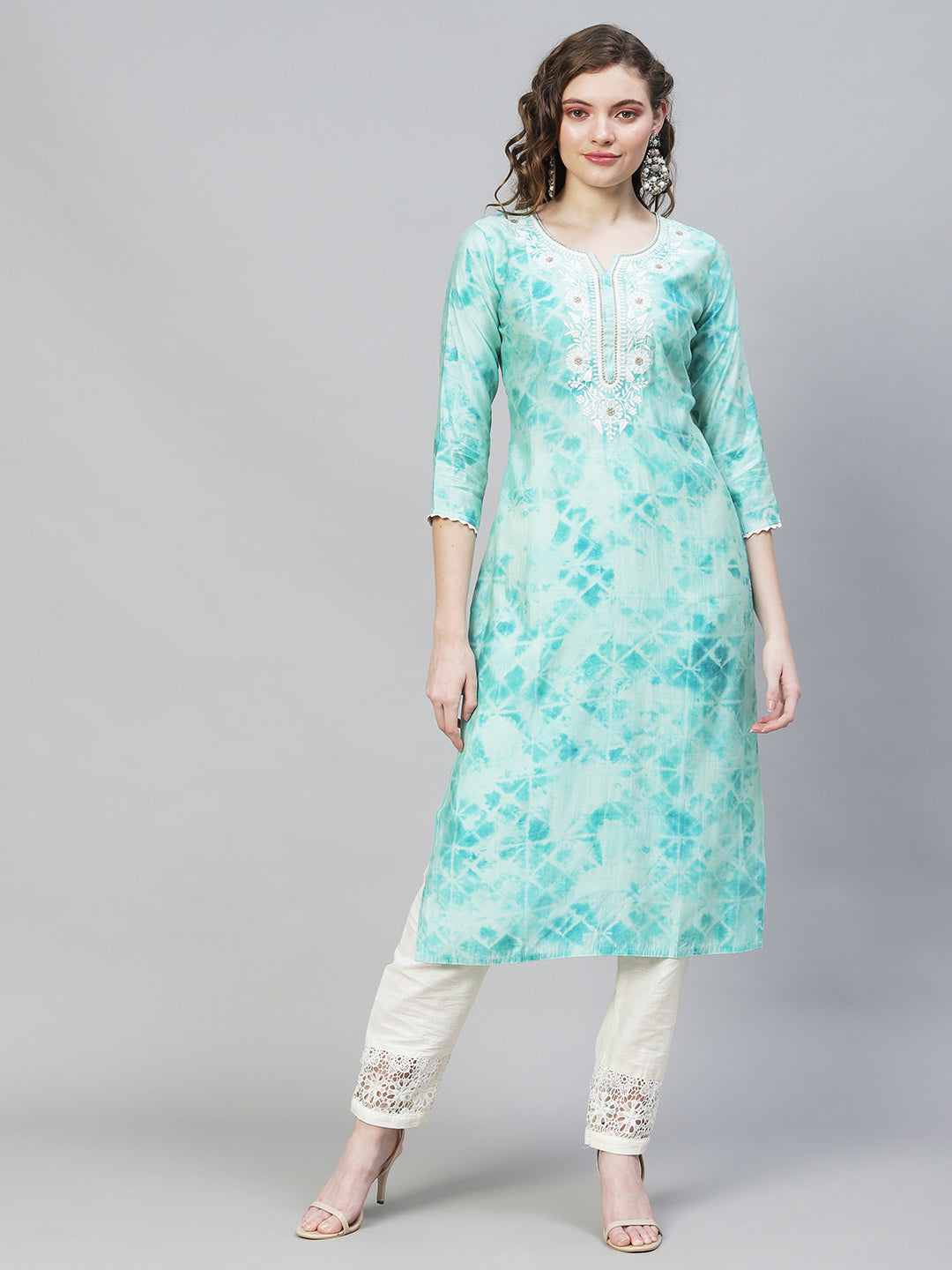 Tie-Dye Printed & Embroidered Straight Fit Kurta - Light Turquoise