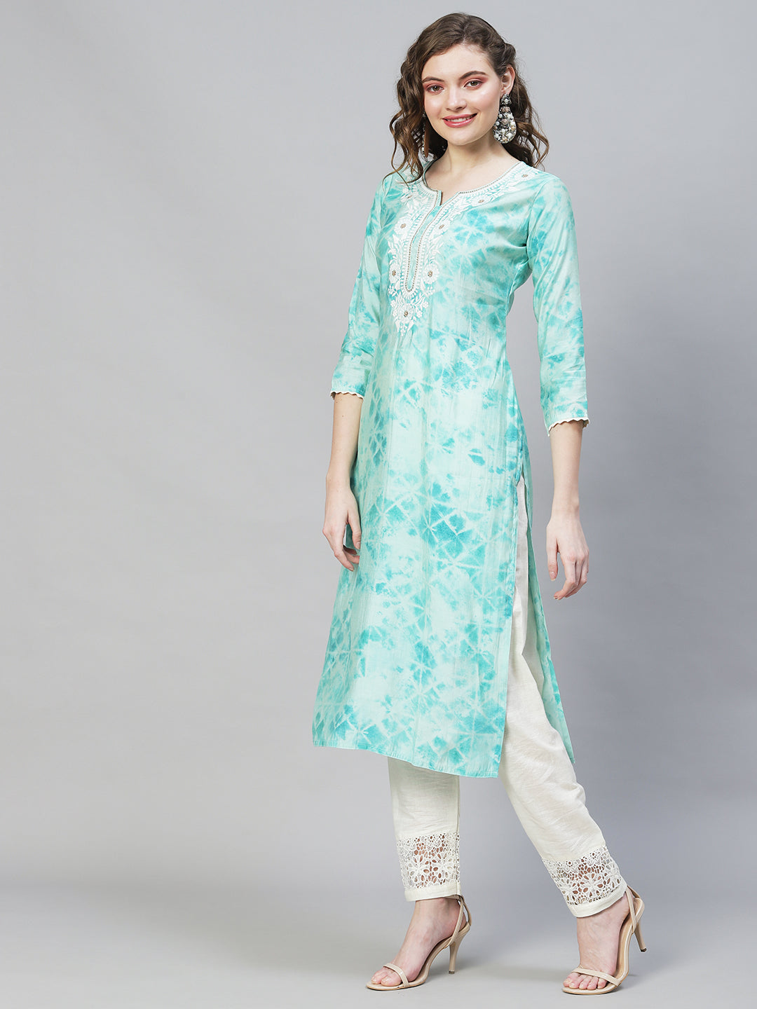 Tie-Dye Printed & Embroidered Straight Fit Kurta - Light Turquoise