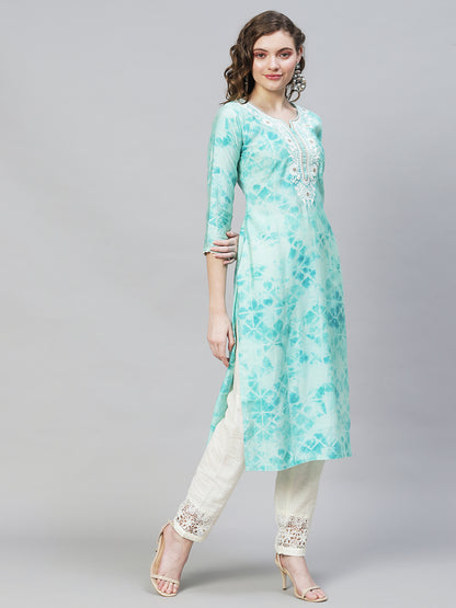 Tie-Dye Printed & Embroidered Straight Fit Kurta - Light Turquoise