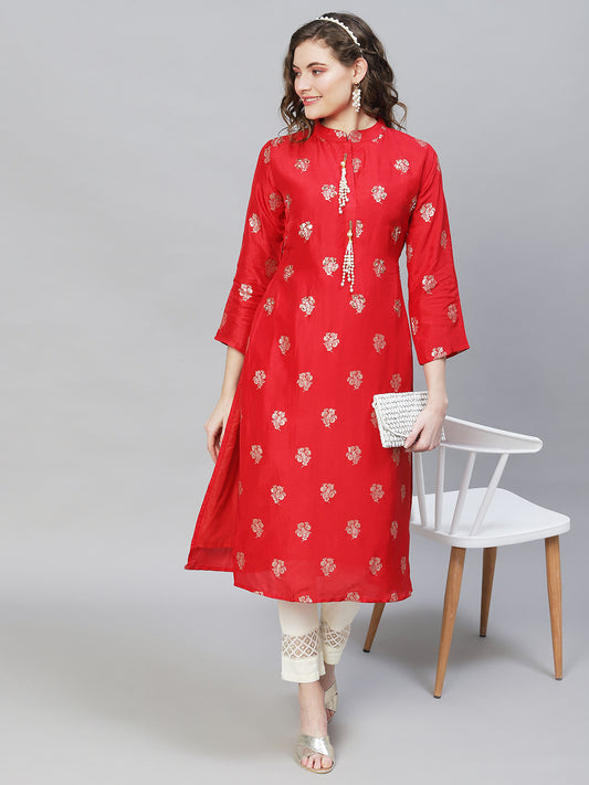 Ethnic Woven & Hand Embroidered Straight Fit Kurta - Red