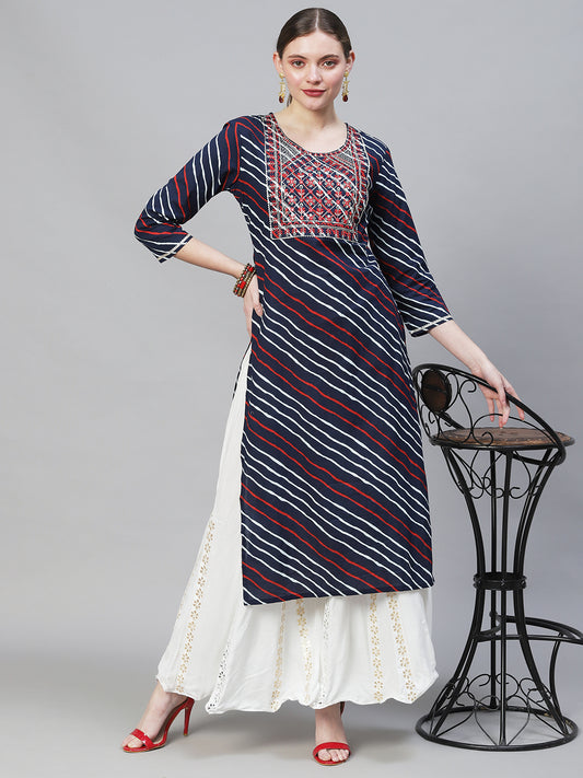 Leheriya Printed & Embroidered Straight Fit Kurta – Dark Blue