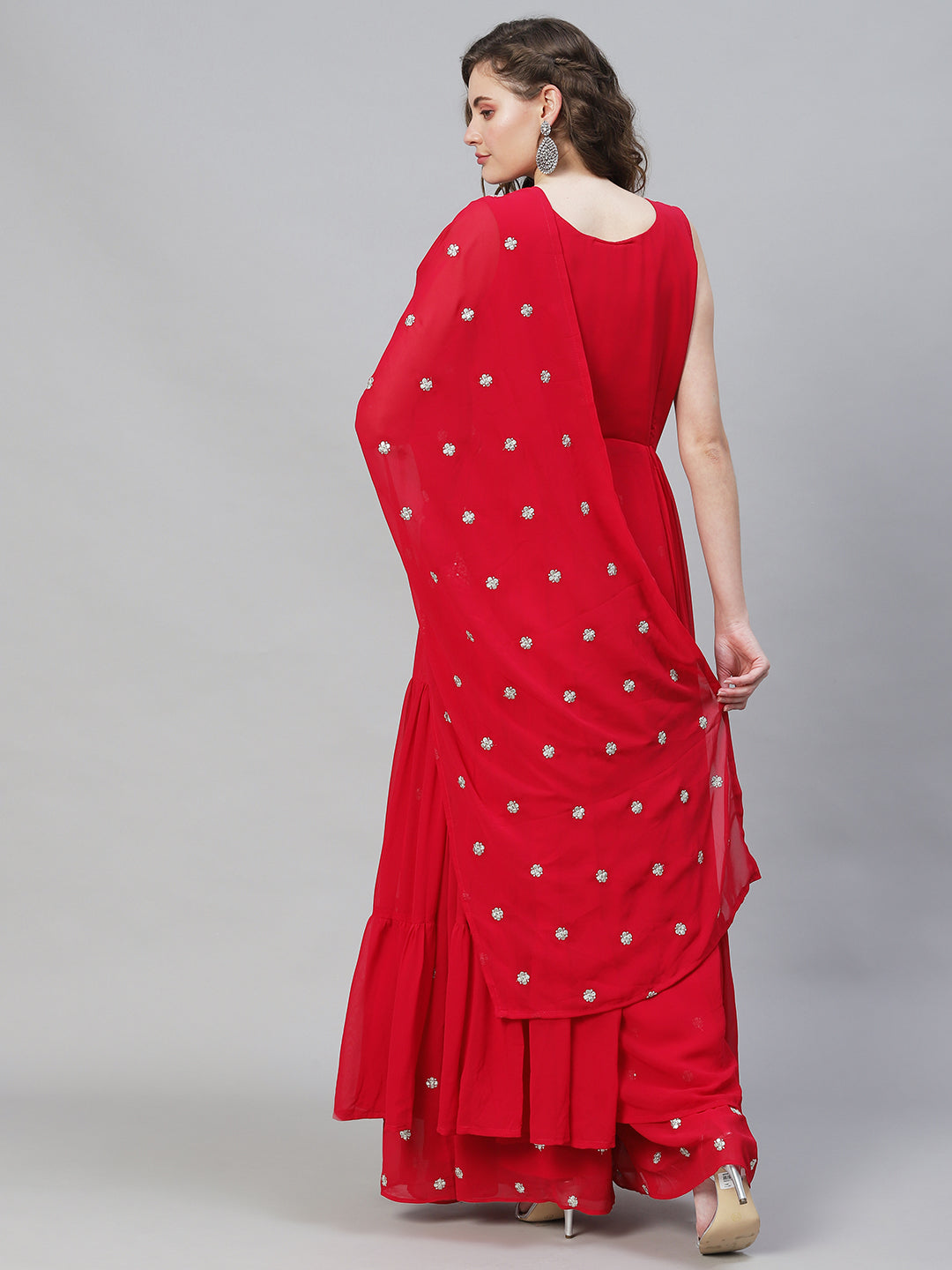 Solid Ethnic Embroidered A-Line Tiered Kurta with Palazzo & Dupatta - Fuchsia