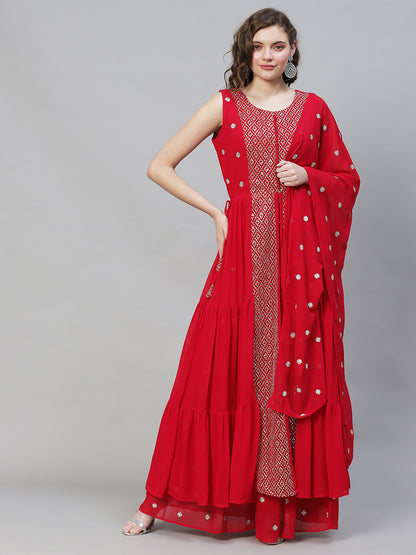 Solid Ethnic Embroidered A-Line Tiered Kurta with Palazzo & Dupatta - Fuchsia