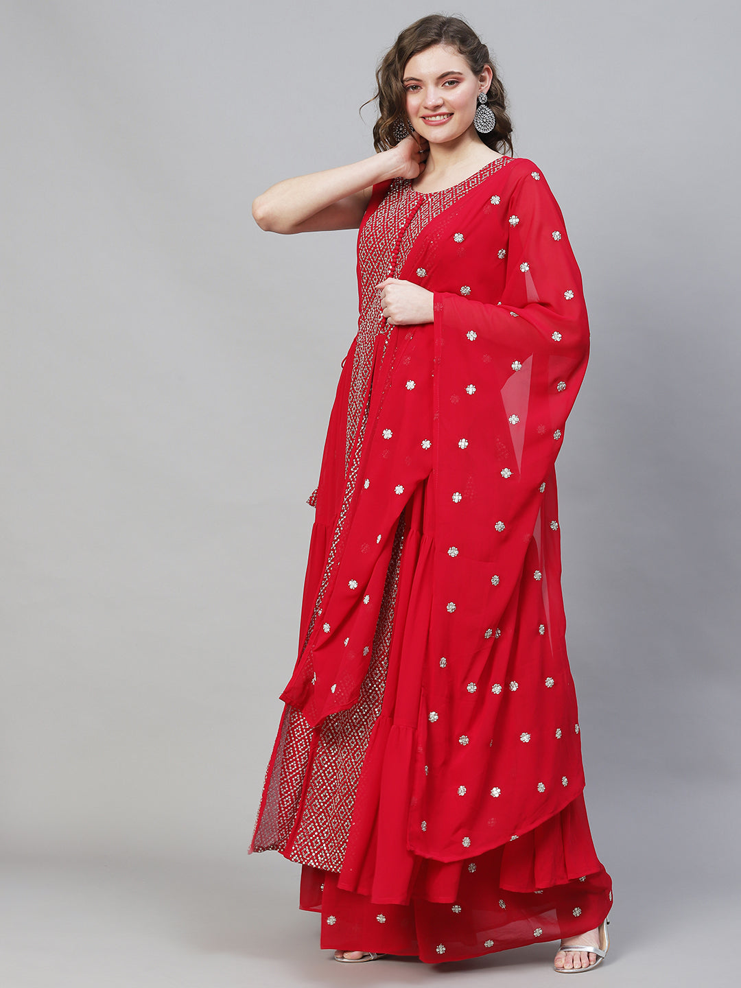 Solid Ethnic Embroidered A-Line Tiered Kurta with Palazzo & Dupatta - Fuchsia