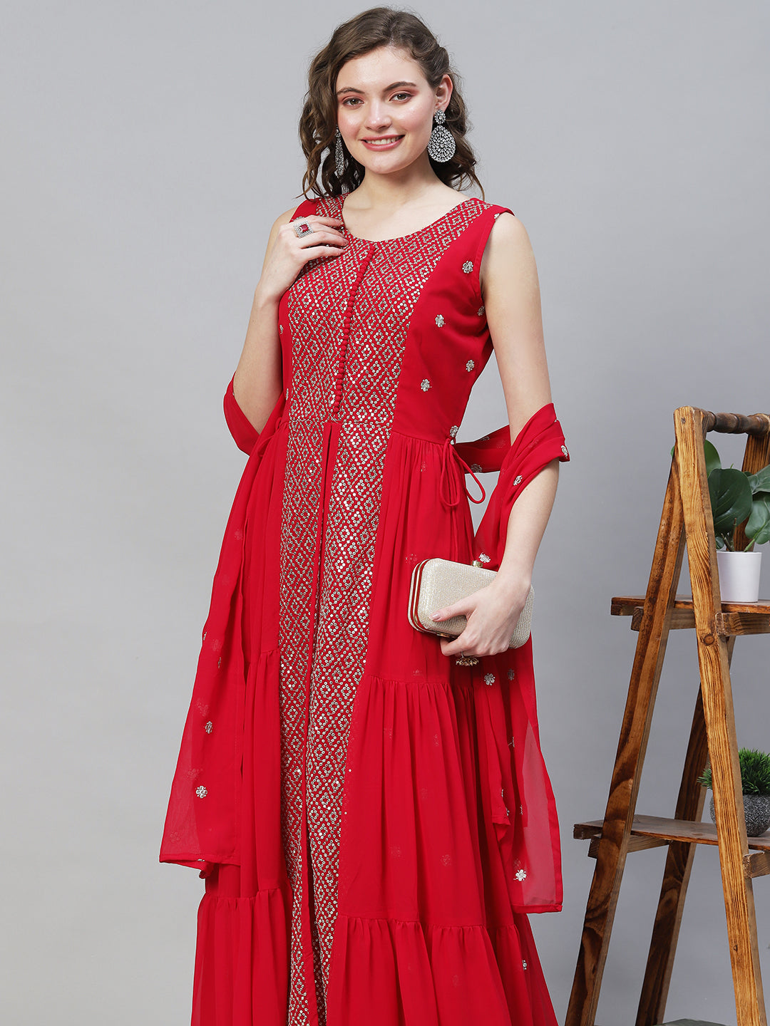 Solid Ethnic Embroidered A-Line Tiered Kurta with Palazzo & Dupatta - Fuchsia