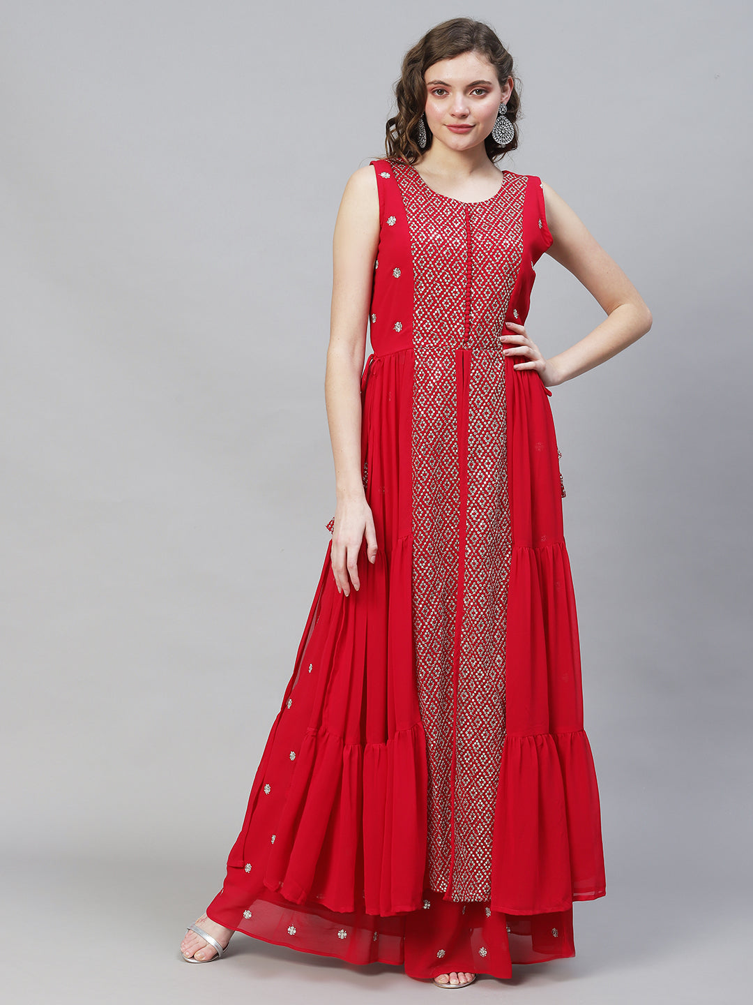 Solid Ethnic Embroidered A-Line Tiered Kurta with Palazzo & Dupatta - Fuchsia