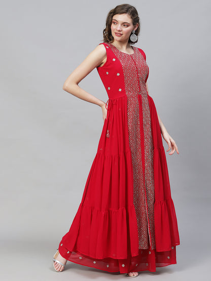 Solid Ethnic Embroidered A-Line Tiered Kurta with Palazzo & Dupatta - Fuchsia