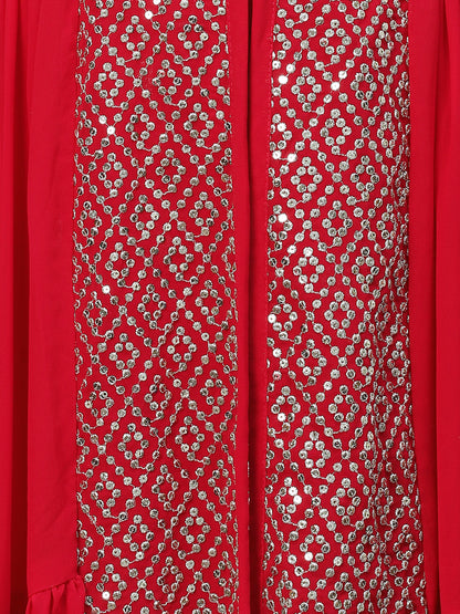 Solid Ethnic Embroidered A-Line Tiered Kurta with Palazzo & Dupatta - Fuchsia