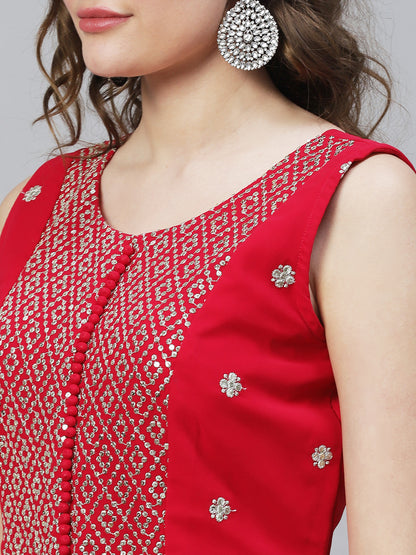 Solid Ethnic Embroidered A-Line Tiered Kurta with Palazzo & Dupatta - Fuchsia