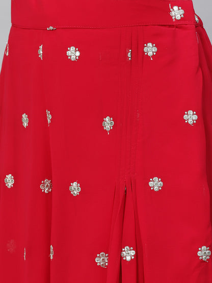 Solid Ethnic Embroidered A-Line Tiered Kurta with Palazzo & Dupatta - Fuchsia