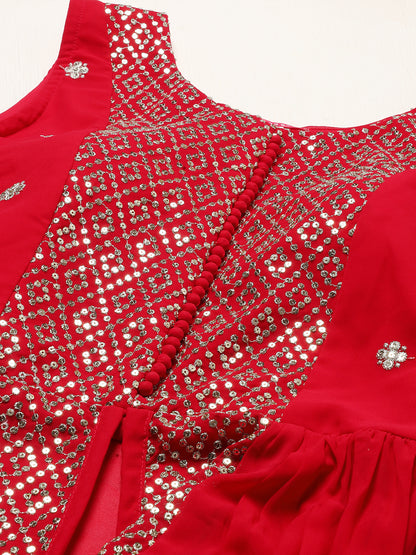 Solid Ethnic Embroidered A-Line Tiered Kurta with Palazzo & Dupatta - Fuchsia