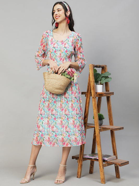 Floral Printed A-Line Midi Dress - Multi