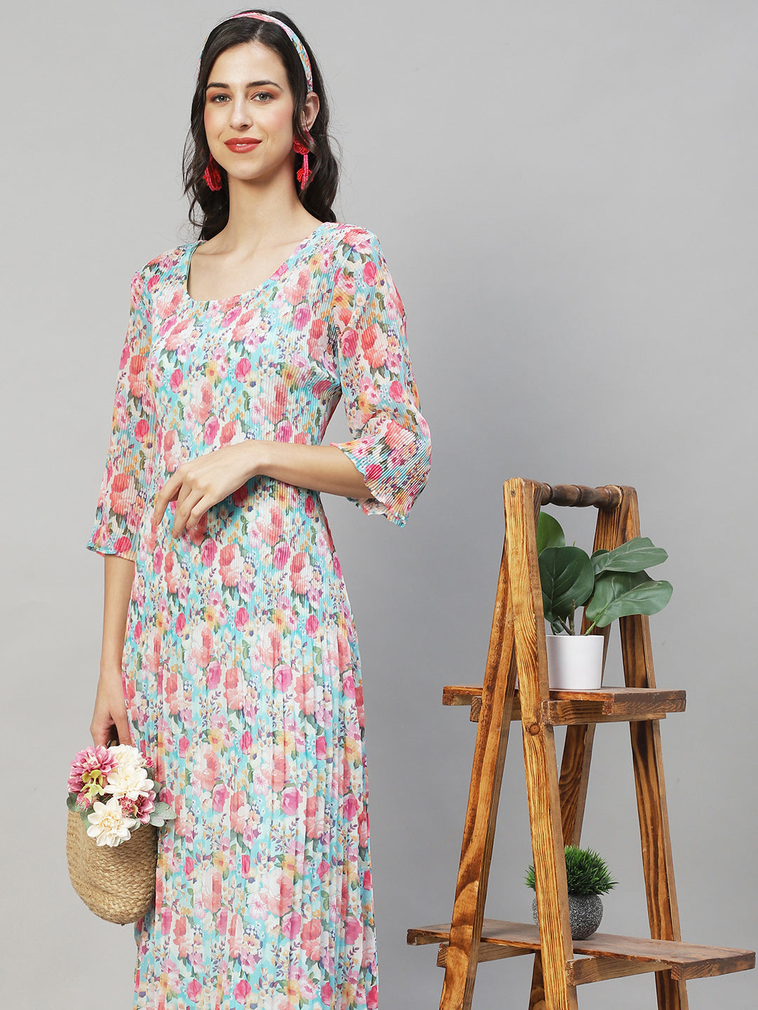 Floral Printed A-Line Midi Dress - Multi