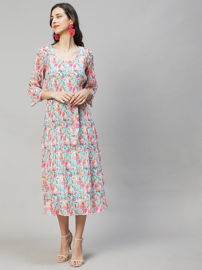 Floral Printed A-Line Midi Dress - Multi