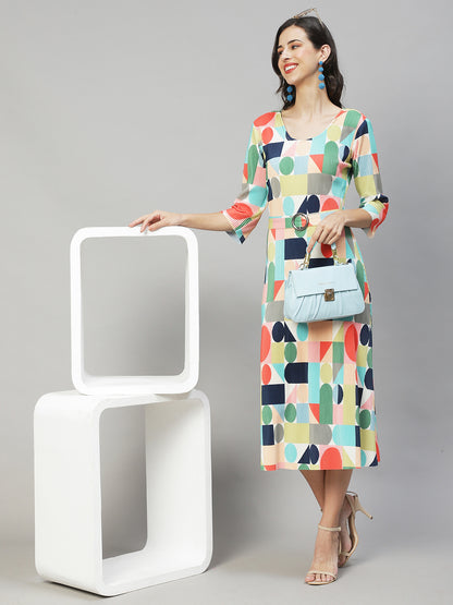 Geometric Abstract Printed A-Line Midi Dress - Multi