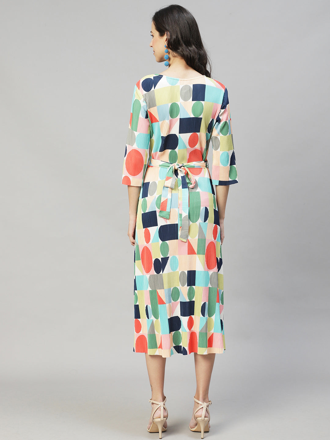 Geometric Abstract Printed A-Line Midi Dress - Multi