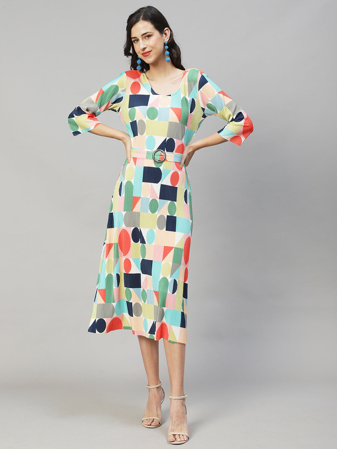 Geometric Abstract Printed A-Line Midi Dress Multi